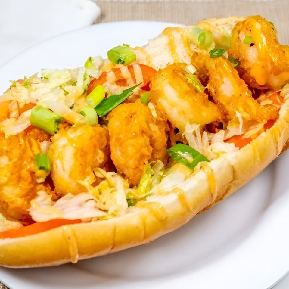 Urban Grill's crispy shrimp po'boy sandwich with lettuce, tomatoes, and sauce on a white plate.